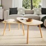 Modernes 2-tlg. Couchtisch-Set aus hellem braunem Kiefernholz, ovale MDF-Platten, skandinavisch, für Wohnzimmer.