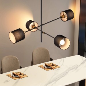 Vintage Pendelleuchte aus schwarzem Metall mit 4 Stoffschirmen über Esstisch. Hängelampe für Wohnzimmer & Esszimmer.