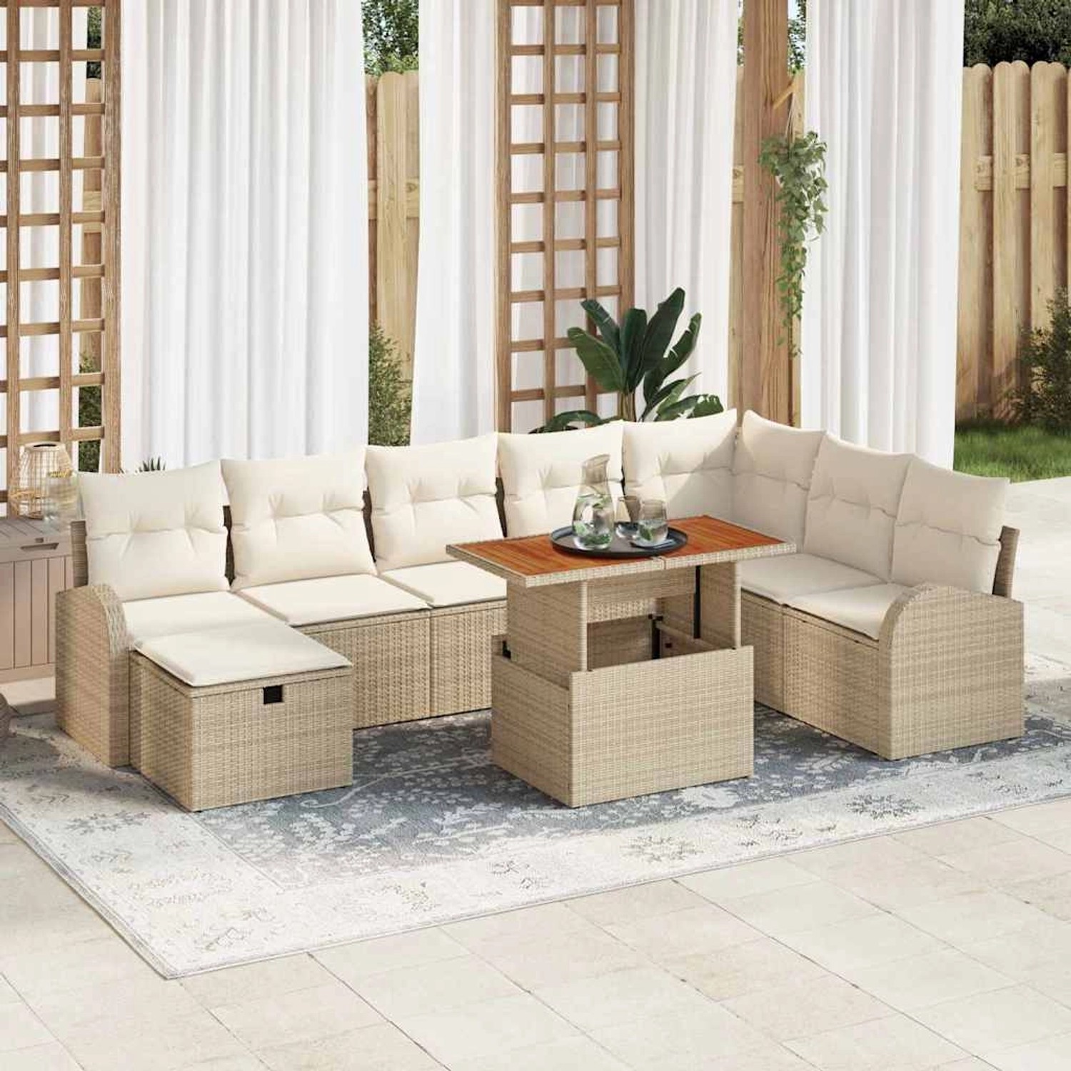Beiges 9-teiliges vidaXL Garten-Sofa-Set aus Rattan mit Kissen und Stauraum.