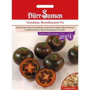 Dürr Samen Kirschtomaten Bombonera F1: Saatgutpackung mit dunkelroten, süßen Tomaten.