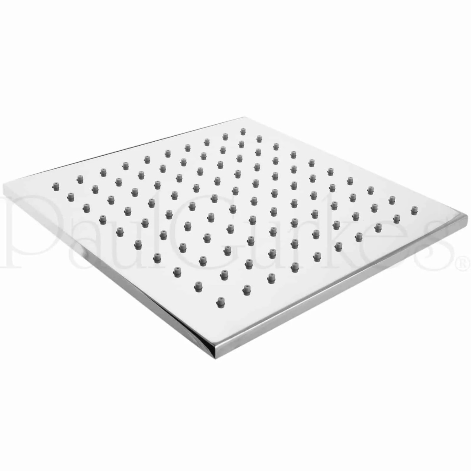 Quadratische PaulGurkes Kopfbrause aus Chrom für Duschsystem, 20x20 cm.