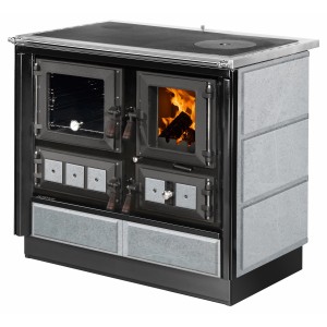 Justus Küchenofen Rustico 90 2.0, Speckstein Schwarz, 7 kW mit Kochplatte und Backofen.