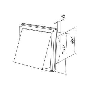 Skizze einer Edelstahl Ablufthaube Ø 100 mm mit Maßangaben für Lüftungsgitter.