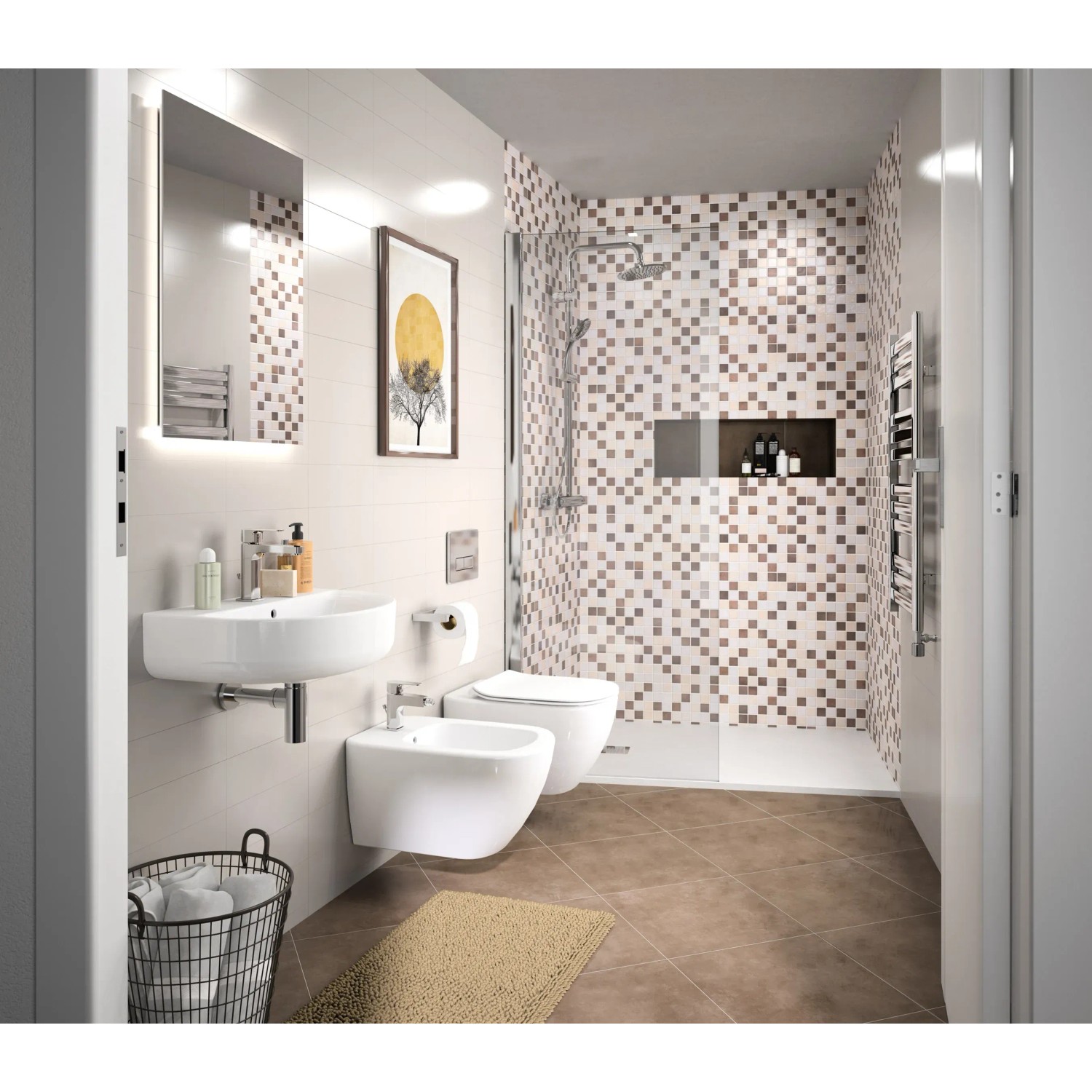 Badezimmer mit Ideal Standard Waschtischarmatur Cerafine D H105 Chrom und Keramik.