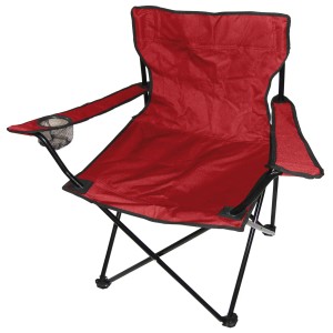 Roter Mojawo Anglersessel/Campingstuhl mit Getränkehalter und schwarzem Gestell.