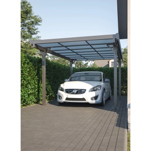 Anthrazitfarbener Floraworld Flachdach-Carport aus Aluminium mit Auto. Robuster Einzelcarport.