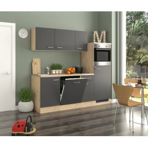 Moderne Singleküche Morena in Basaltgrau und San Remo Eiche mit E-Geräten und Geschirrspüler.