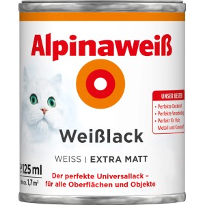 Dose Alpinaweiß Weißlack extra matt, 125ml, mit Katzenmotiv. Weißer Lack für Holz, Metall, Mauerwerk.