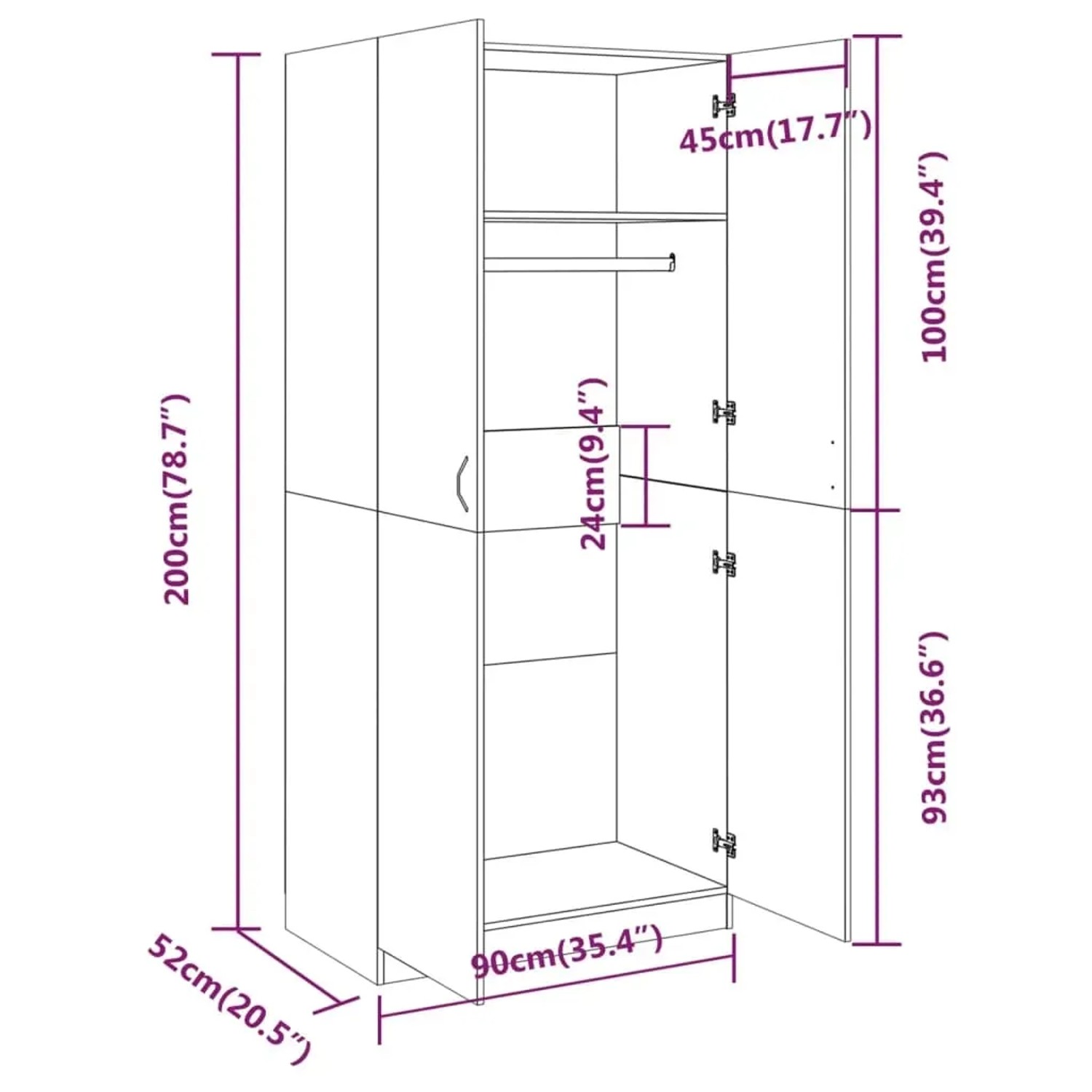 vidaXL Kleiderschrank Grau Sonoma, 90x52x200 cm, aus Holzwerkstoff mit offenen Türen und Maßangaben.