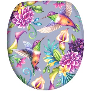 Sanilo WC-Sitz Kolibri mit Absenkautomatik, Holz, mit Blumen- und Vogelmuster.