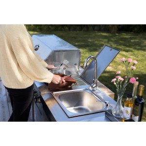 MyOutdoorKitchen Modul mit Spülbecken und Schrank (Edelstahl). Outdoorküche mit Spüle, Wasserhahn und Schneidebrett.