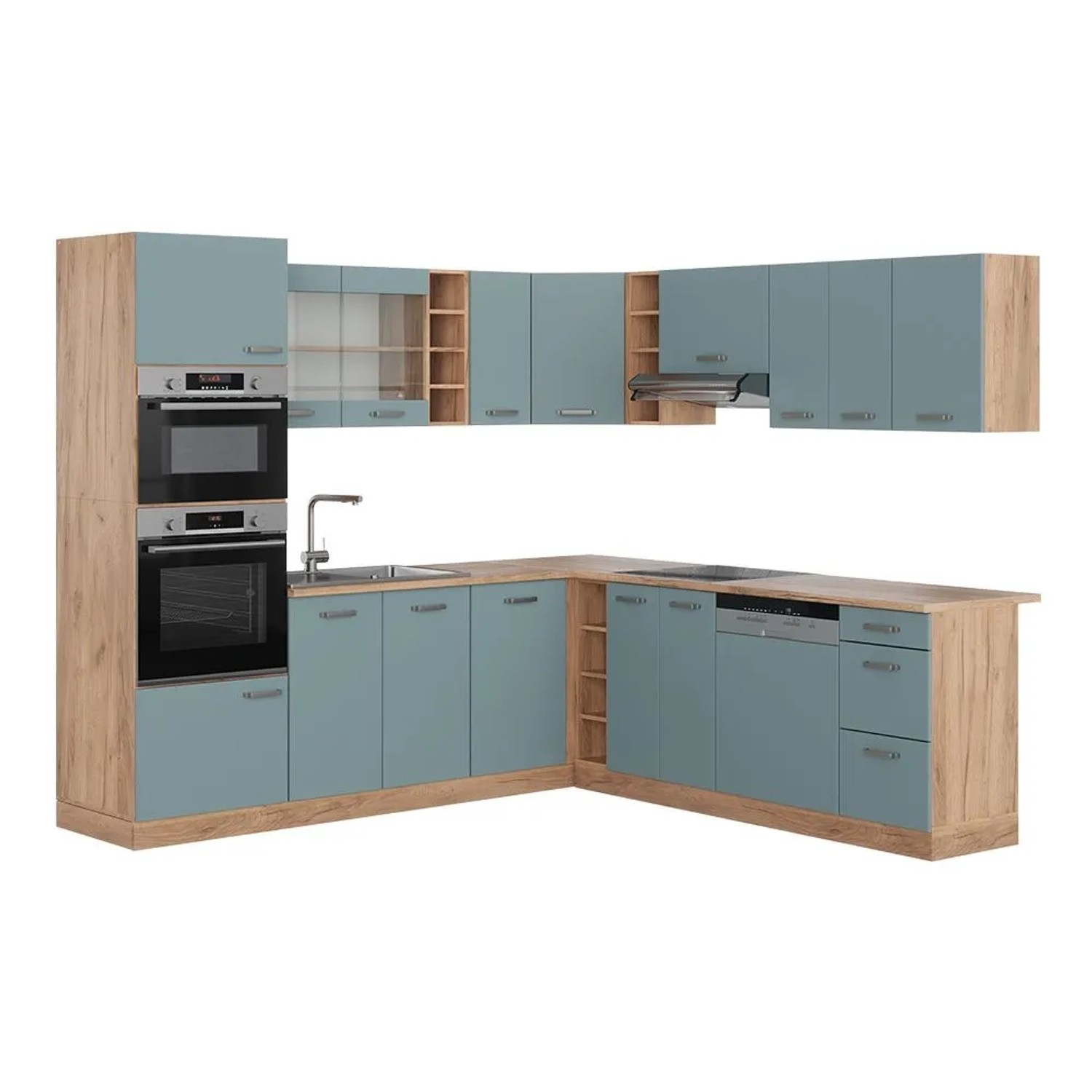 Vicco Eckküche R-Line Blau-Grau/Goldkraft Eiche 247 x 82 ohne Arbeitsplatte