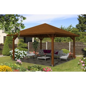 Holz-Pavillon Cannes 3, Nussbaum lasiert, 424x424 cm. Gartenlaube mit robustem Leimholz und idealem Wetterschutz.