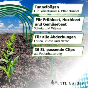 TTL GARDEN Pflanztunnel Bogen 65 x 60 cm 12er Set mit 36 Clips Beet Tunnel Frühbeet Gewächshaus Folientunnel Pflanzenschutz