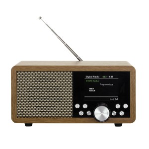 Dynavox DBT600 DAB+ Radio im Holzdesign mit ausziehbarer Antenne und Display.