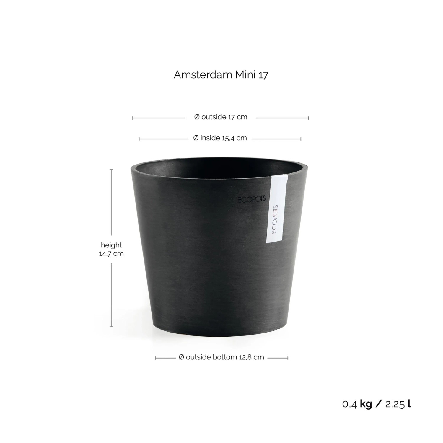 Ecopots Amsterdam Mini Pflanztopf, dunkelgrau, 17 cm. Ideal für Innen- und Außenbereich.