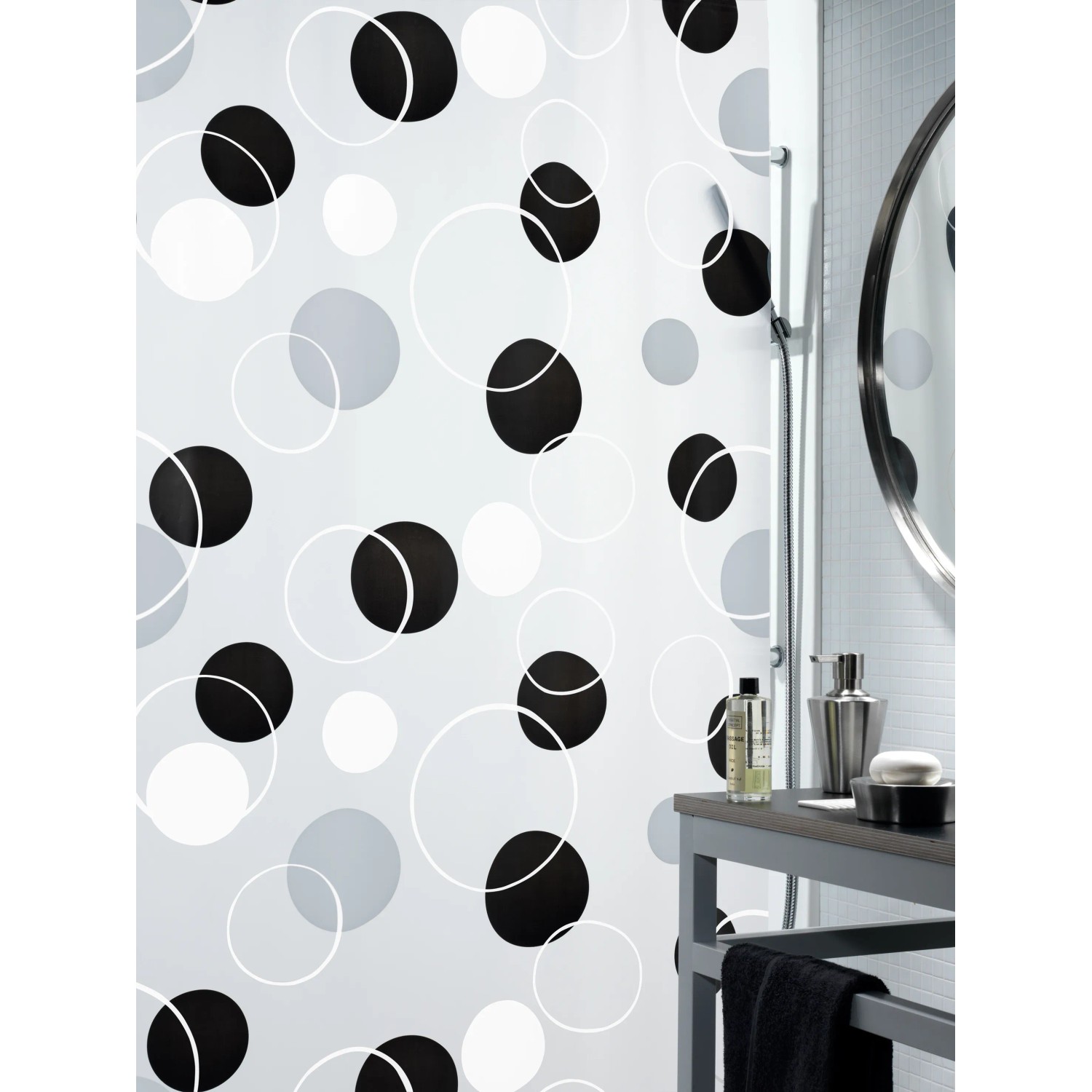 Spirella Duschvorhang Peva Bubble Black mit Kreismuster, 180x200 cm.
