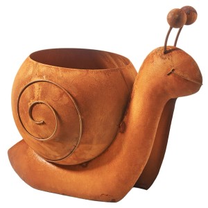 Kobolo Pflanztopf Schnecke SNAIL aus Metall, braune Deko-Figur für Garten und Balkon.