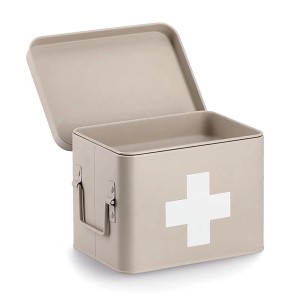 Beige Zeller Medizinbox aus Metall mit weißem Kreuz, 15,5x16,5x22,5 cm, offener Deckel.