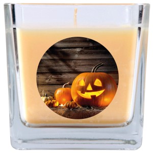 HS Candle Duftkerze im Glas mit Halloween Kürbis Motiv, Creme Bonbon Duft.