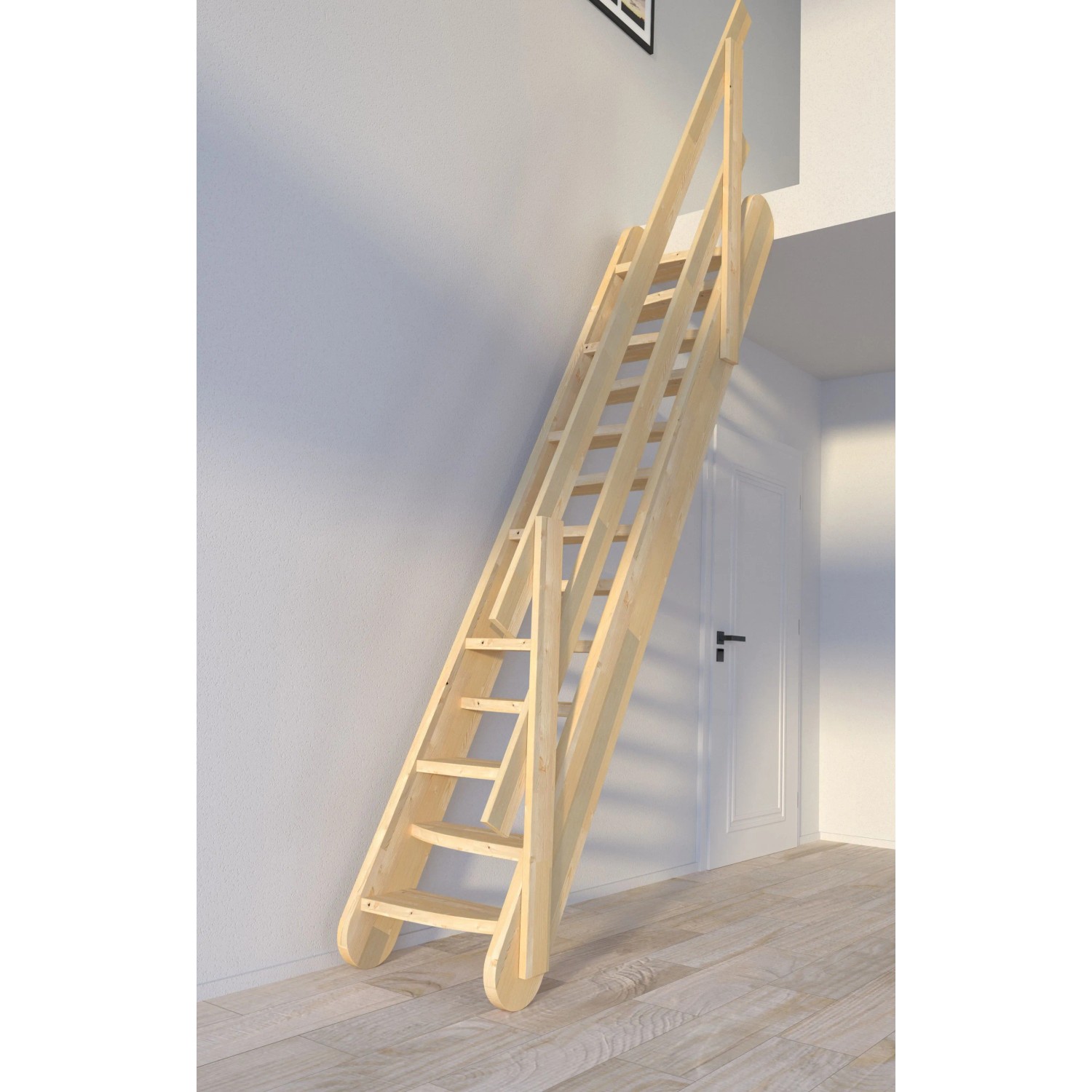 StarWood Treppe Samos Fichte mit Holzgeländer, verjüngte Stufen aus Holz, unbehandelt.