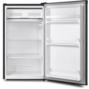 Offener Respekta Kühlschrank Rico in Schwarz, leer. Retro-Design mit Ablagen und Gemüsefach.