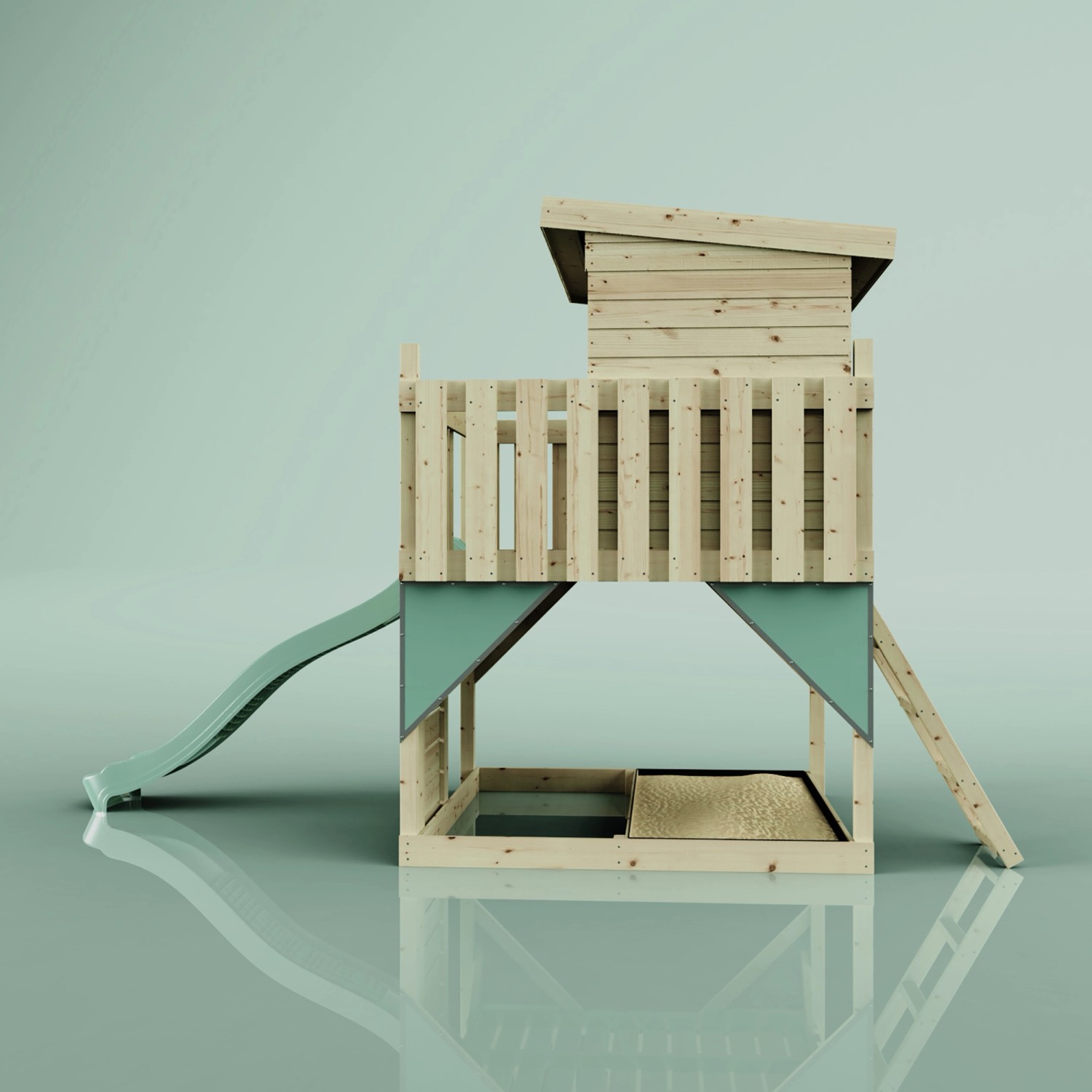 PolarPlay Stelzenhaus Polarstern in Mintgrün mit Rutsche und Leiter. Holz-Gartenhaus für Kinder.