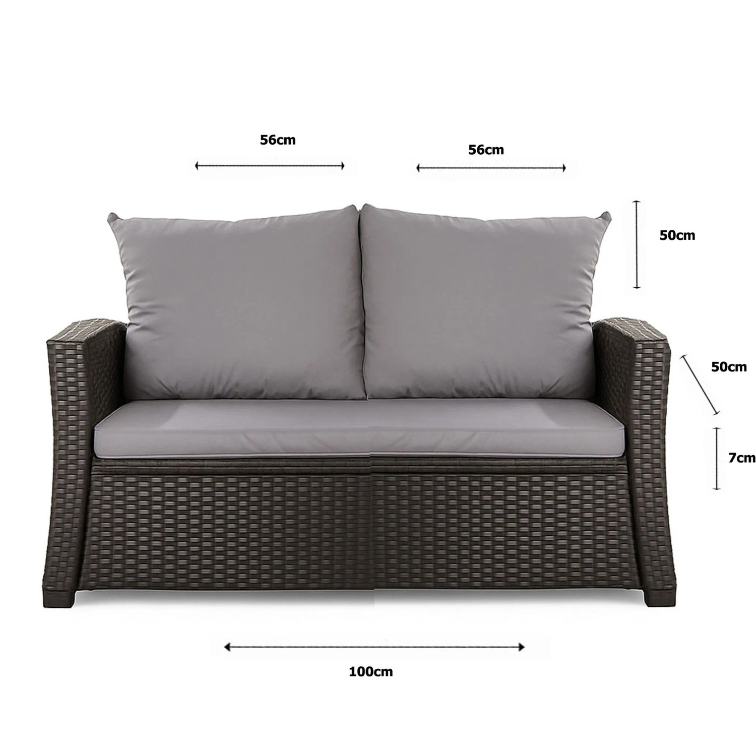 Graues 2-Sitzer Gartensofa mit Polyrattan und Kissen (100x50x50cm) aus dem Setgarden Mix-Techno Gartenkissen Set.
