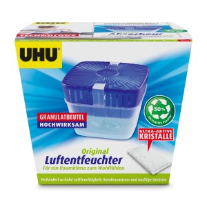 UHU Luftentfeuchter Original 450g: Luftentfeuchter mit Granulatbeutel und blauer Abdeckung.