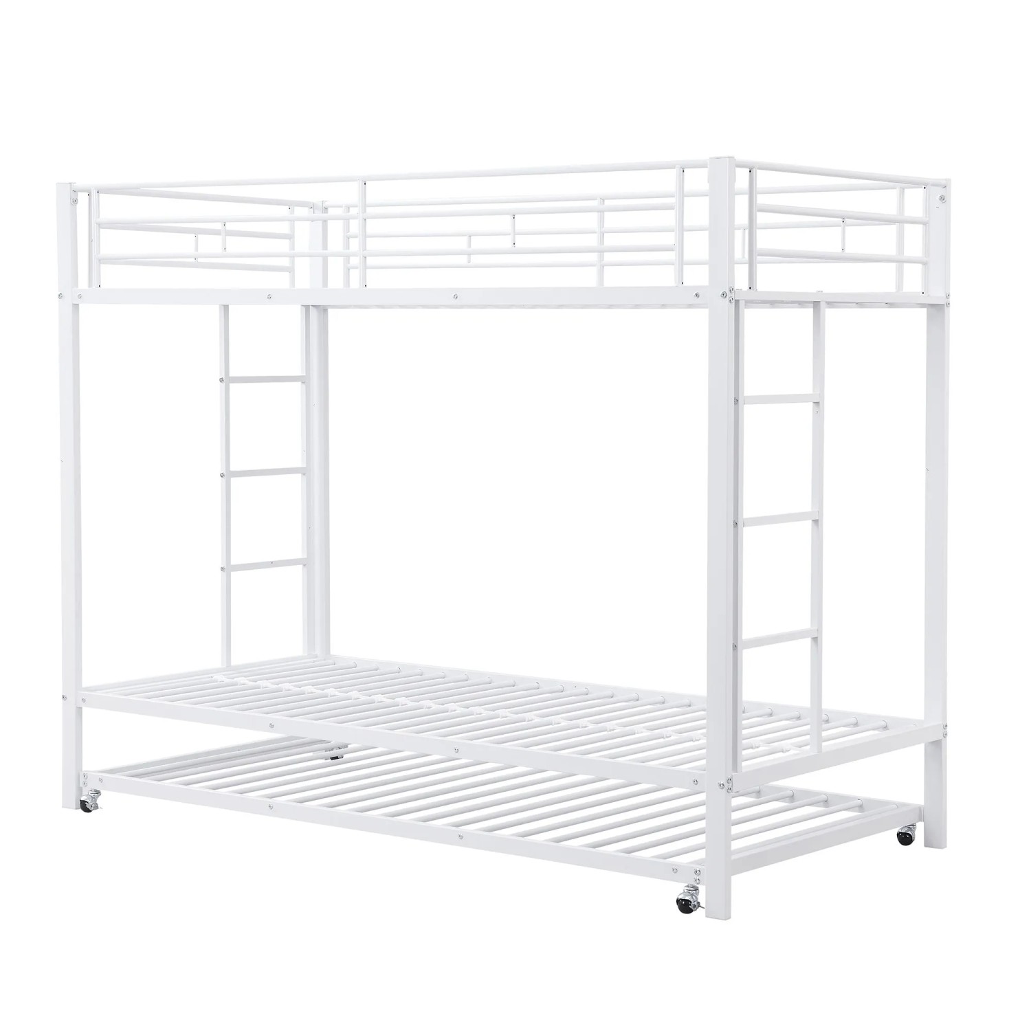 KOMHTOM Etagenbett 90x200Cm Eisenrahmenbett Kinderbett Ausgestattet Mit Ausziehbett Hohe Geländer Robuste Konstruktion Weiß Ohne Matratze