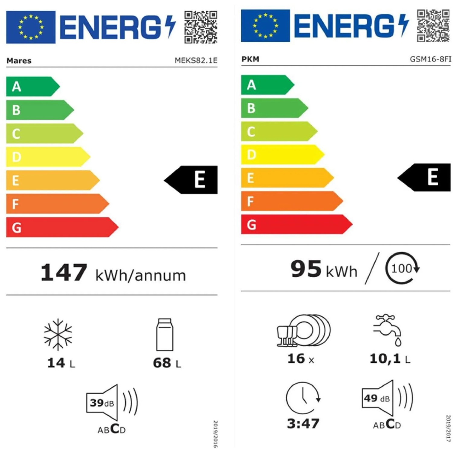 Energielabel für Kühlschrank und Geschirrspüler der Flex-Well Büroküche Joelina, Energieeffizienzklasse E.