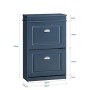 Blauer schmaler Schuhschrank mit 2 Klappen, silbernen Griffen und Maßen 55x83x24cm. Ideal für Diele.
