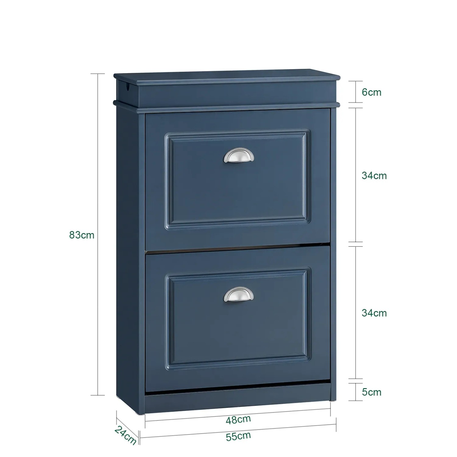 Blauer schmaler Schuhschrank mit 2 Klappen, silbernen Griffen und Maßen 55x83x24cm. Ideal für Diele.