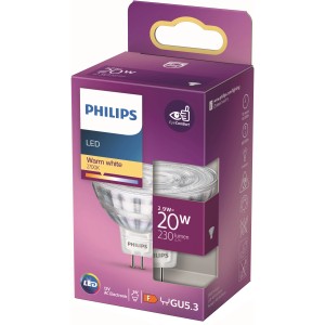 Philips LED-Leuchtmittel GU5.3, 2,9W, warmweiß, in lila Verpackung.