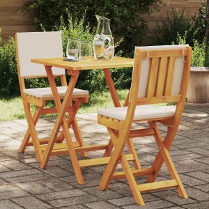 Klappbares 3-teiliges Akazienholz Bistro-Set mit Kissen für den Garten.