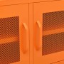 Detailansicht: Oranger TV-Schrank aus Stahl mit Gittertüren und Griffen.