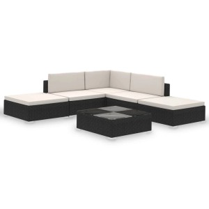 Schwarzes 6-tlg. vidaXL Garten-Lounge-Set aus Rattan mit cremeweißen Auflagen und Tisch.