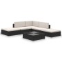 Schwarzes 6-tlg. vidaXL Garten-Lounge-Set aus Rattan mit cremeweißen Auflagen und Tisch.