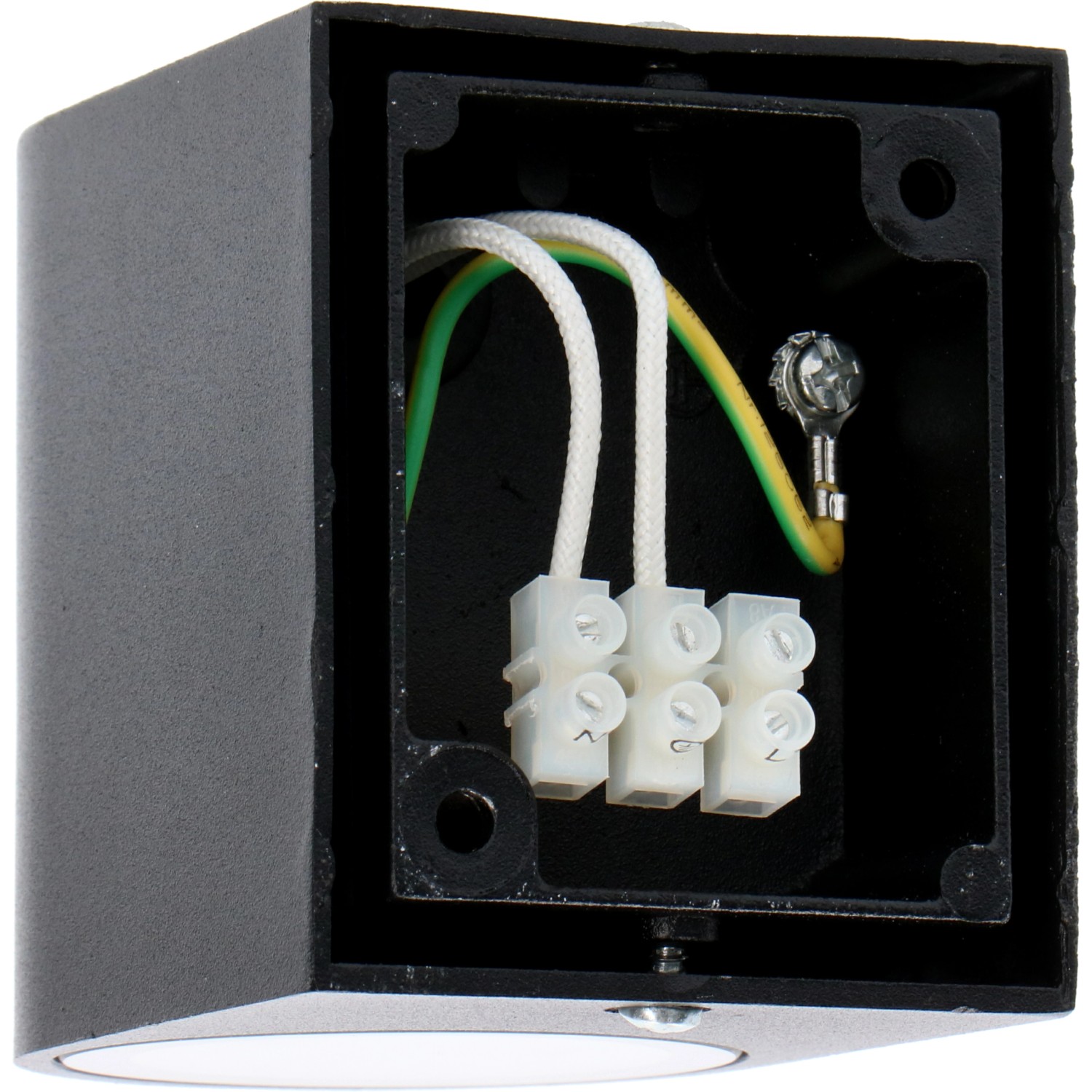 Detailaufnahme der LED`s light Außen-Wandleuchte (halbrund, schwarz) mit Verkabelung.