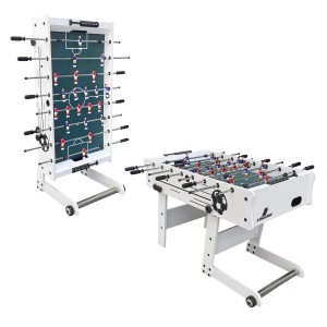 Weißer, faltbarer Cougar Tischkicker Scorpion Kick in zwei Positionen: stehend und aufgebaut.