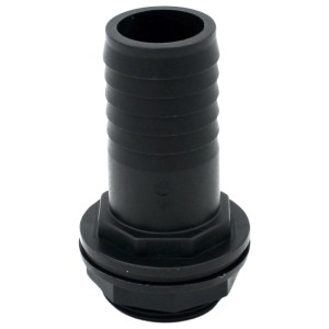 Schwarze Tankdurchführung 47,8 mm mit Gewinde und Schlauchtülle für Regentonnen.