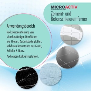 Microactiv Zement- und Betonschleierentferner für Fliesen, Keramik und Naturstein, 3 x 1 Liter.