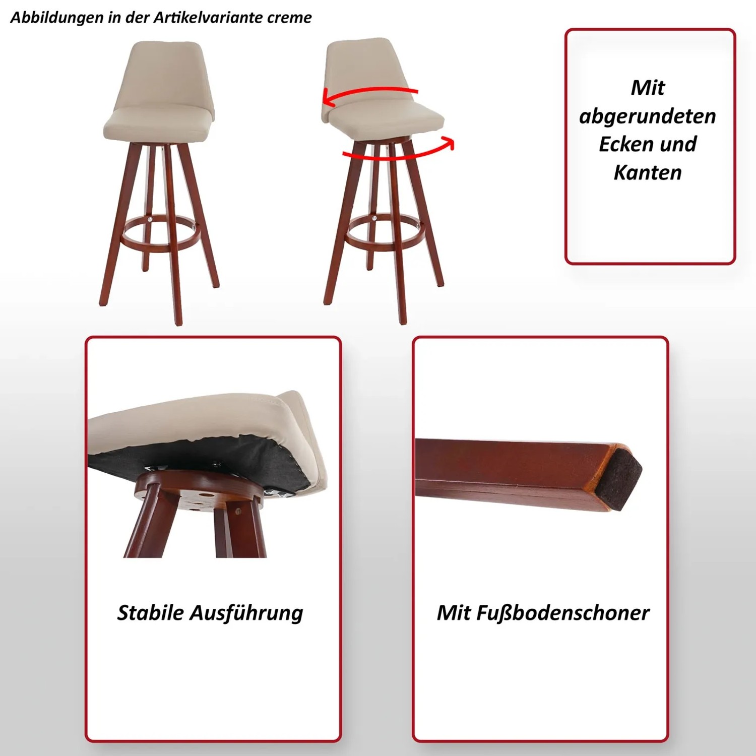 Drehbarer Barhocker mit Lehne, creme, Holzbeine. Barstuhl für Tresen und Küche.