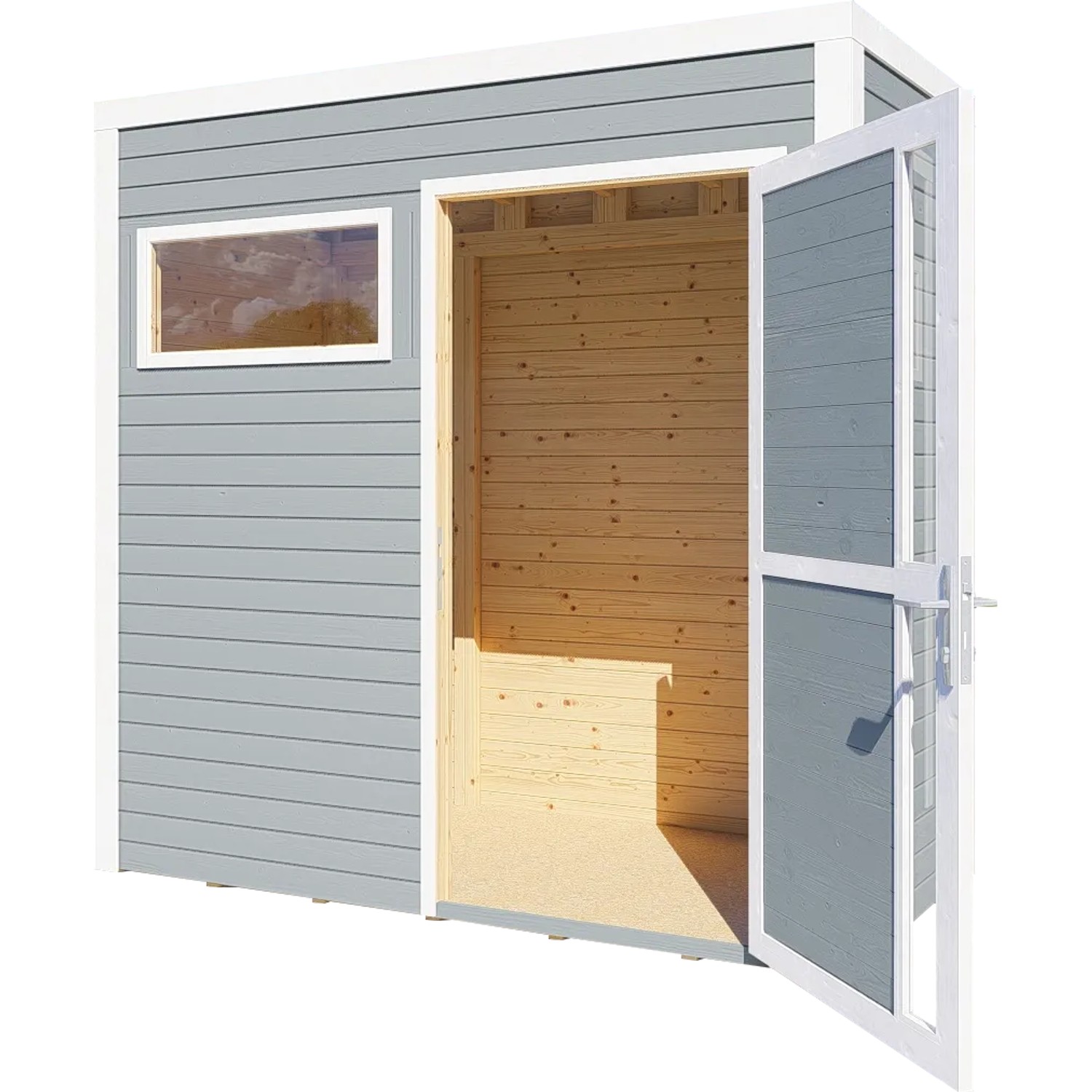Bertilo Holz-Gartenhaus Cubus 1, hellgrau, mit geöffneter Doppeltür und Fenster.