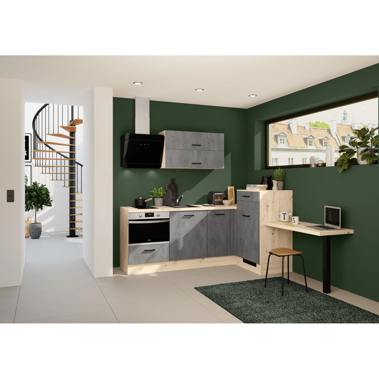 Impuls Einbauküche in Beton-Optik mit E-Geräten und Arbeitsplatte in Eiche-Nachbildung hell.