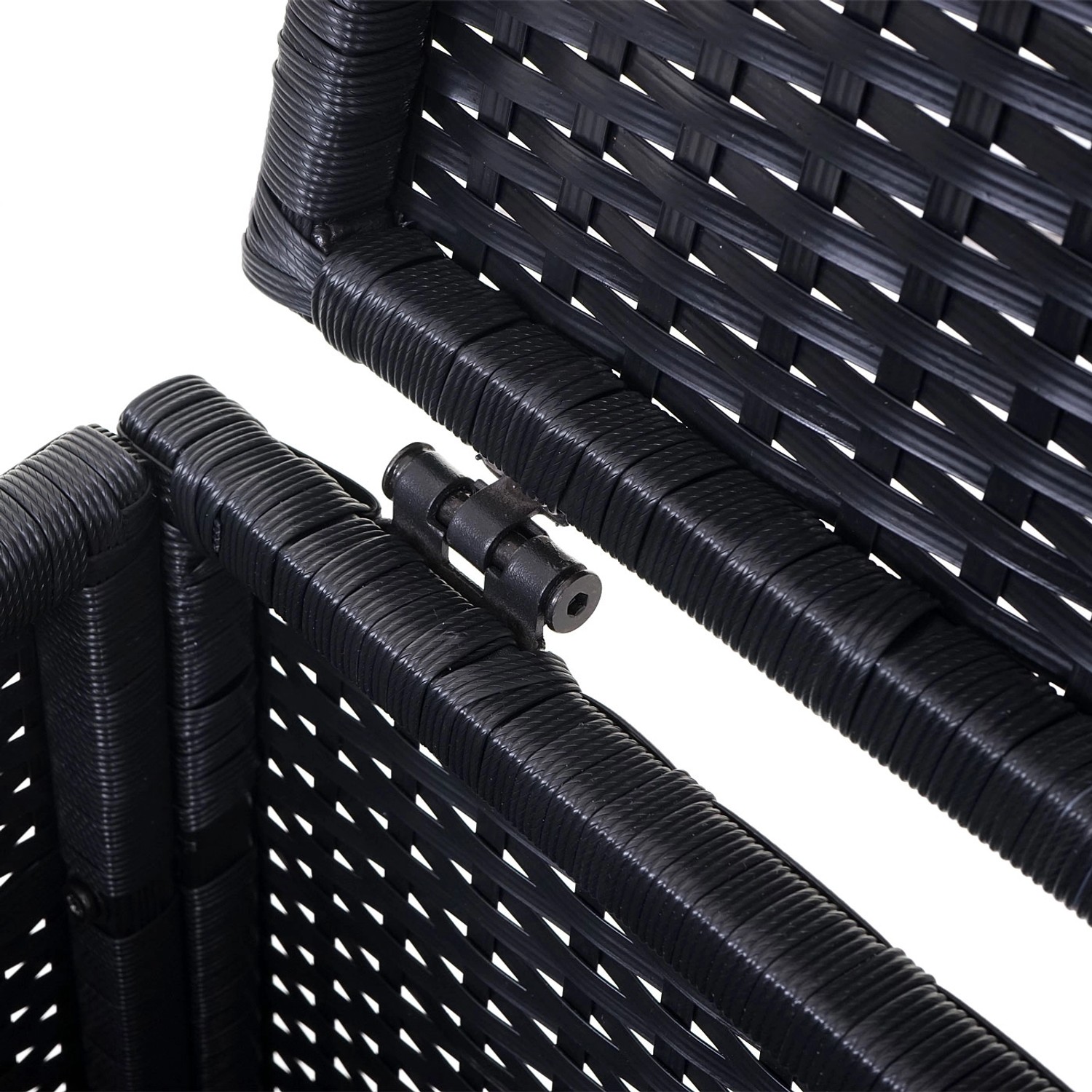Detailaufnahme: Schwarze Poly-Rattan Lounge-Gartenmöbel Sitzgruppe Savoie, Scharnier einer Aufbewahrungsbox.