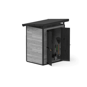 Graues Upyard Gartenhaus Strongbox M mit geöffneten Doppeltüren und Gartengeräten.