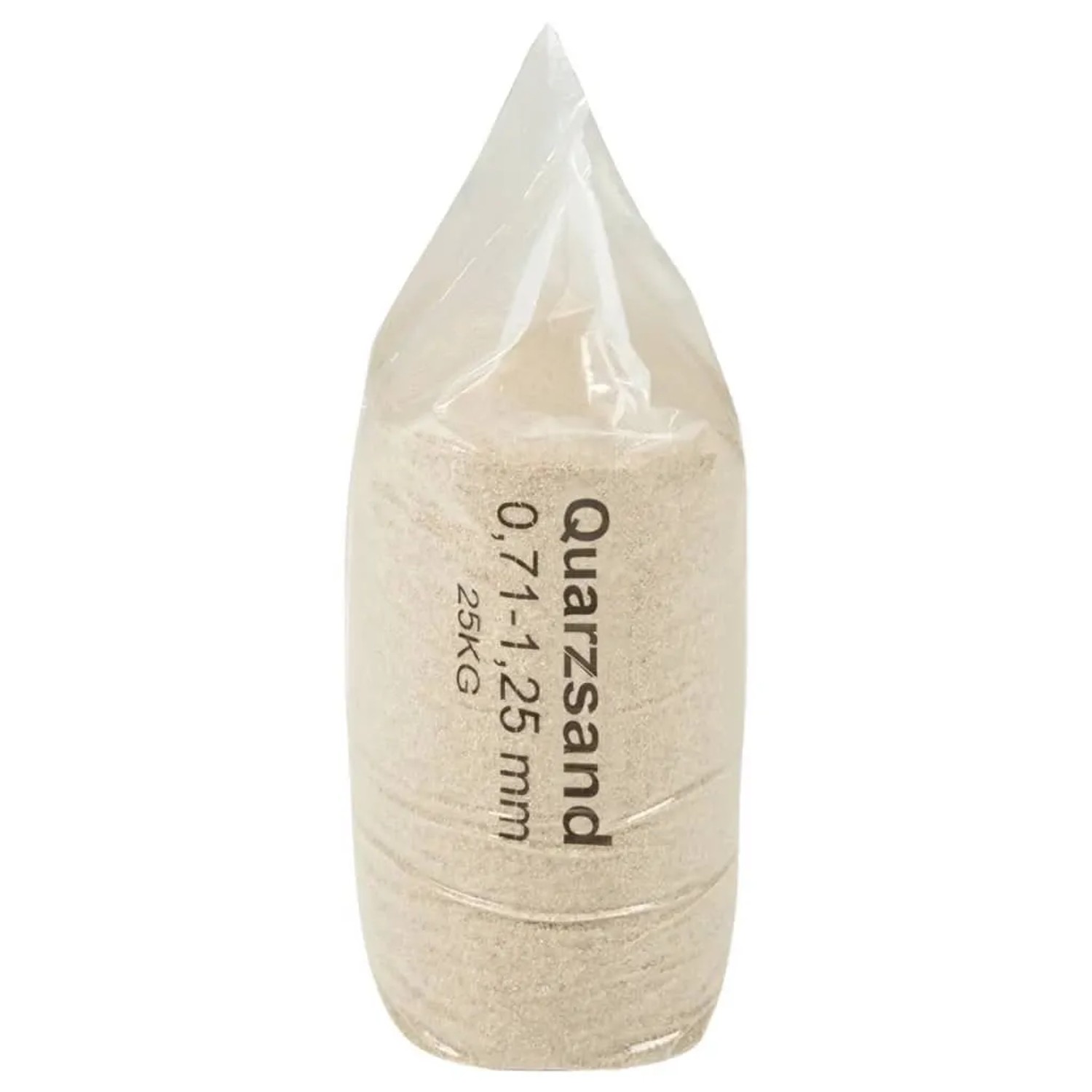 Transparenter Beutel mit 25 kg Quarzsand für Pool Filteranlagen, Körnung 0,71-1,25 mm.