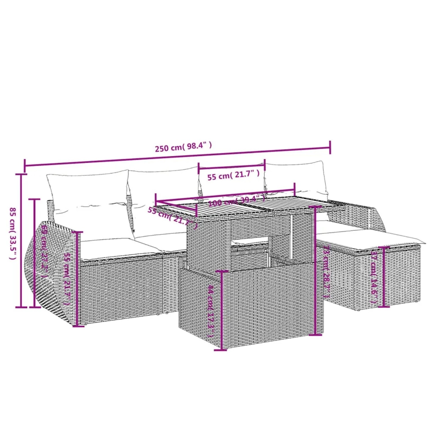 vidaXL 6-tlg. Garten-Sofagarnitur aus schwarzem Poly Rattan mit Tisch und Kissen.