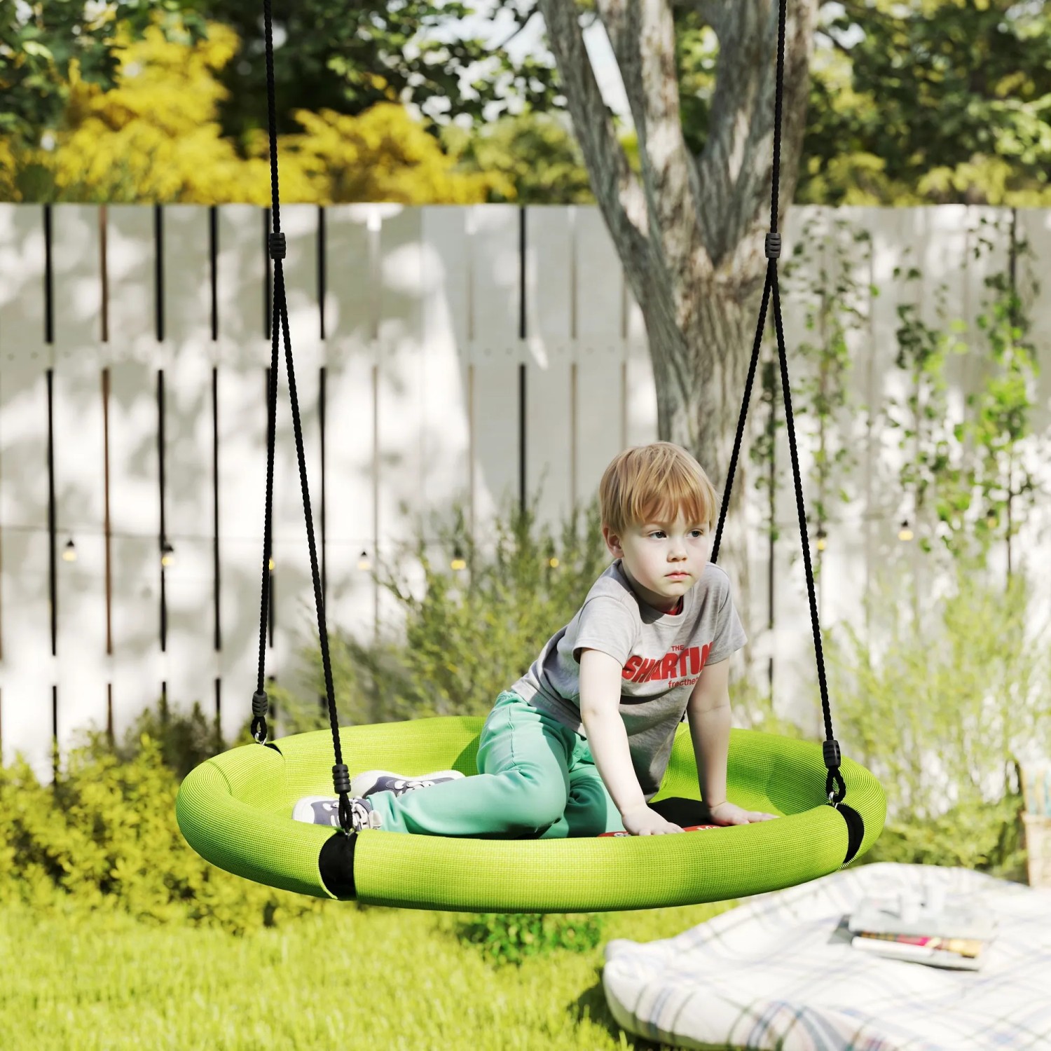 AIYAPLAY Kinderschaukel: Junge sitzt in grüner Nestschaukel im Garten. Ideal für Spiel & Spaß im Freien.